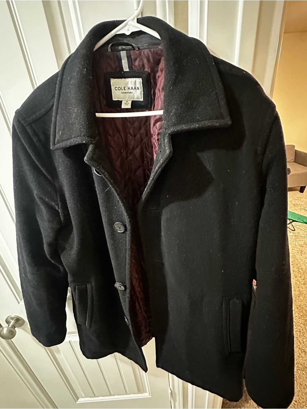 Cole Haan Black Wool-Blend Peacoat with Quilted Burgundy Lining